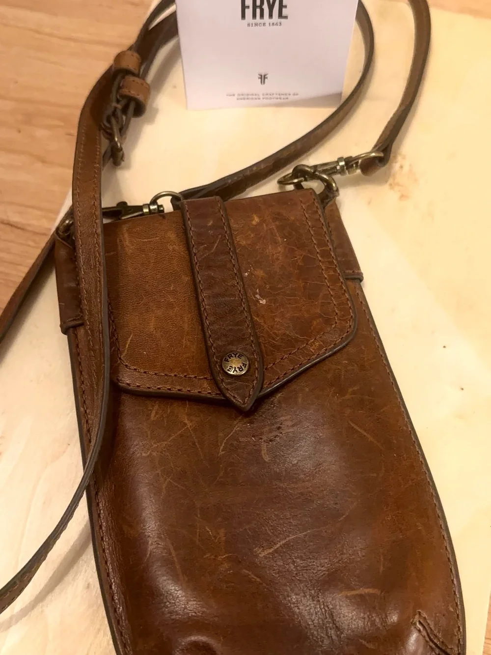 FRYE 💯 Distressed Leather phone/card case OTC “Melissa Bag.”